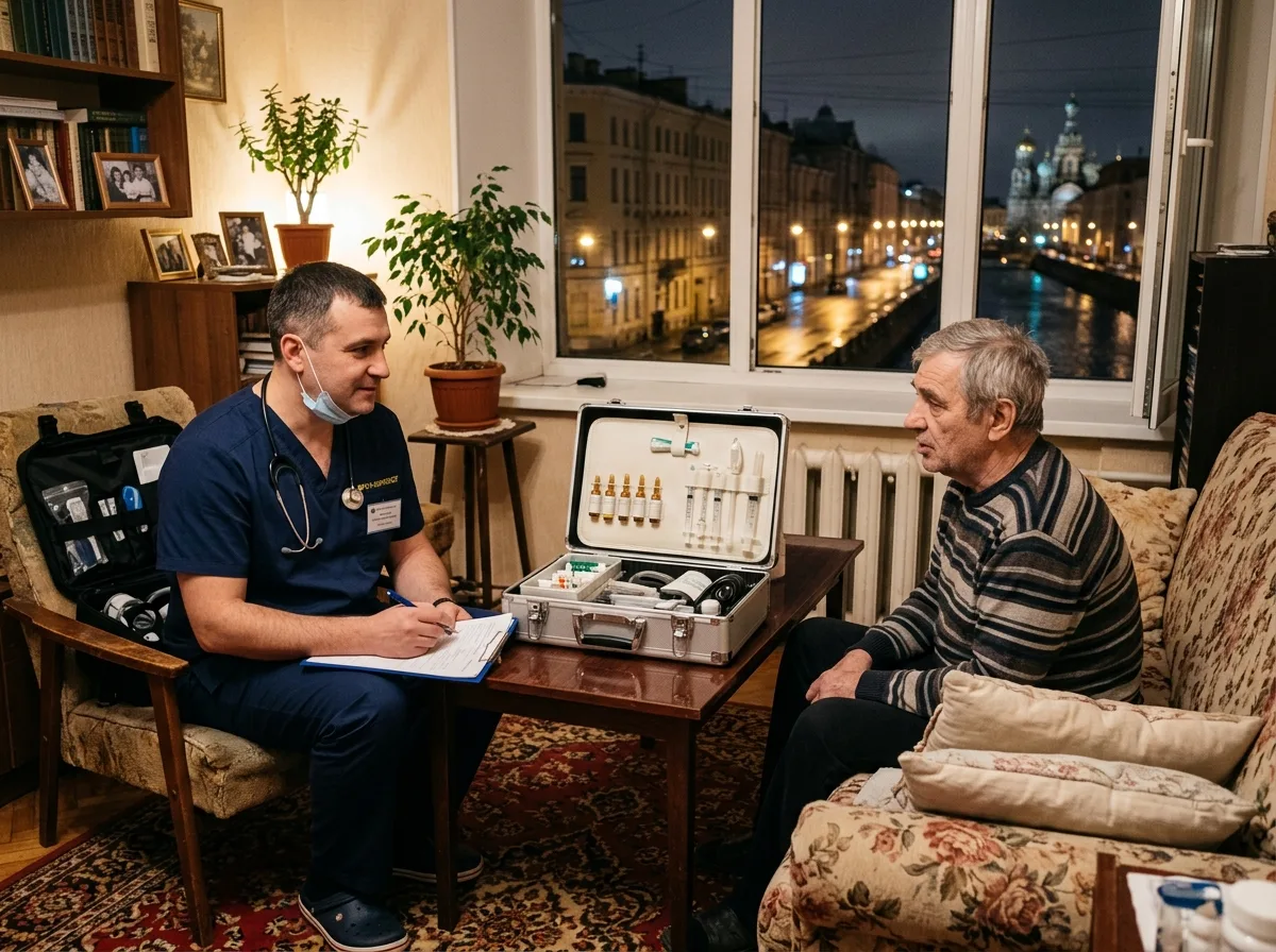 Врач-нарколог с медицинским чемоданчиком приезжает на вызов к пациенту в квартиру в Санкт-Петербурге, ночной город за окном, тёплый домашний свет, доверительная атмосфера