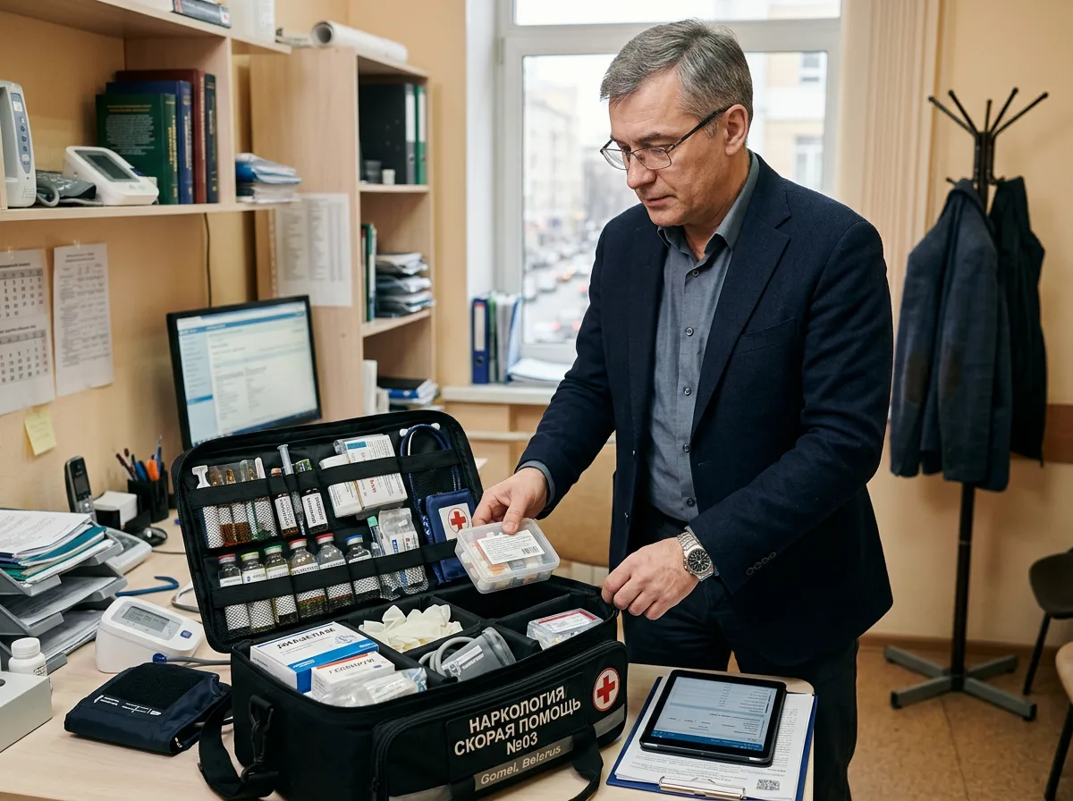 Опытный нарколог-психиатр в гражданской одежде готовится к выезду на вызов, медицинская сумка с препаратами и оборудованием на переднем плане, профессиональный и уверенный вид