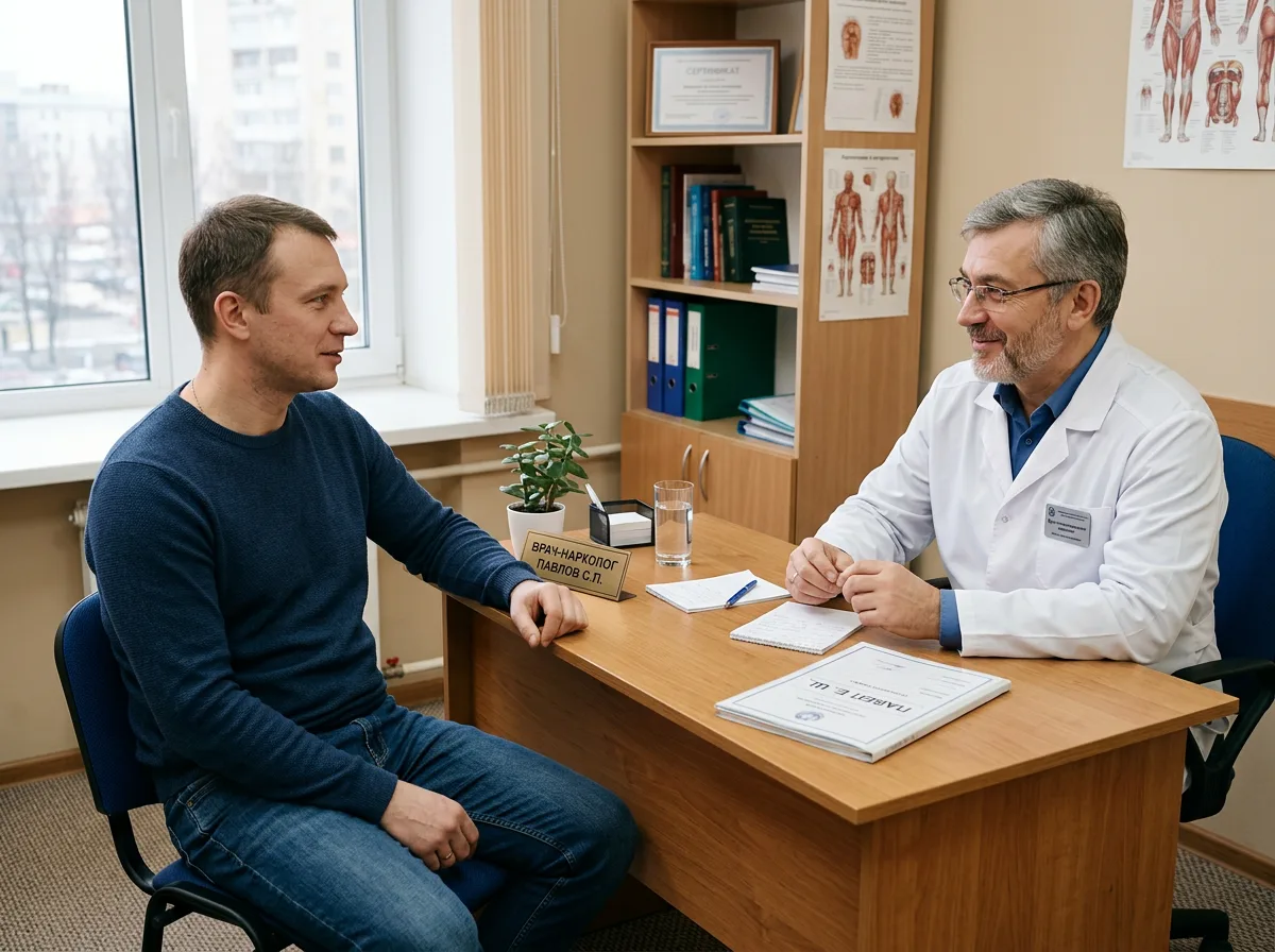 Врач-нарколог беседует с пациентом в кабинете, спокойная профессиональная обстановка, белый халат, психотерапевтическая консультация по кодированию от алкоголизма