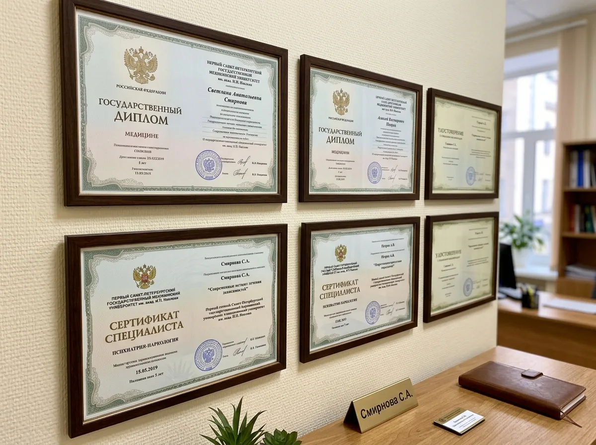Сертификаты специалистов-наркологов клиники НаркоПомощь СПб, государственные дипломы медицинского вуза и удостоверения о повышении квалификации
